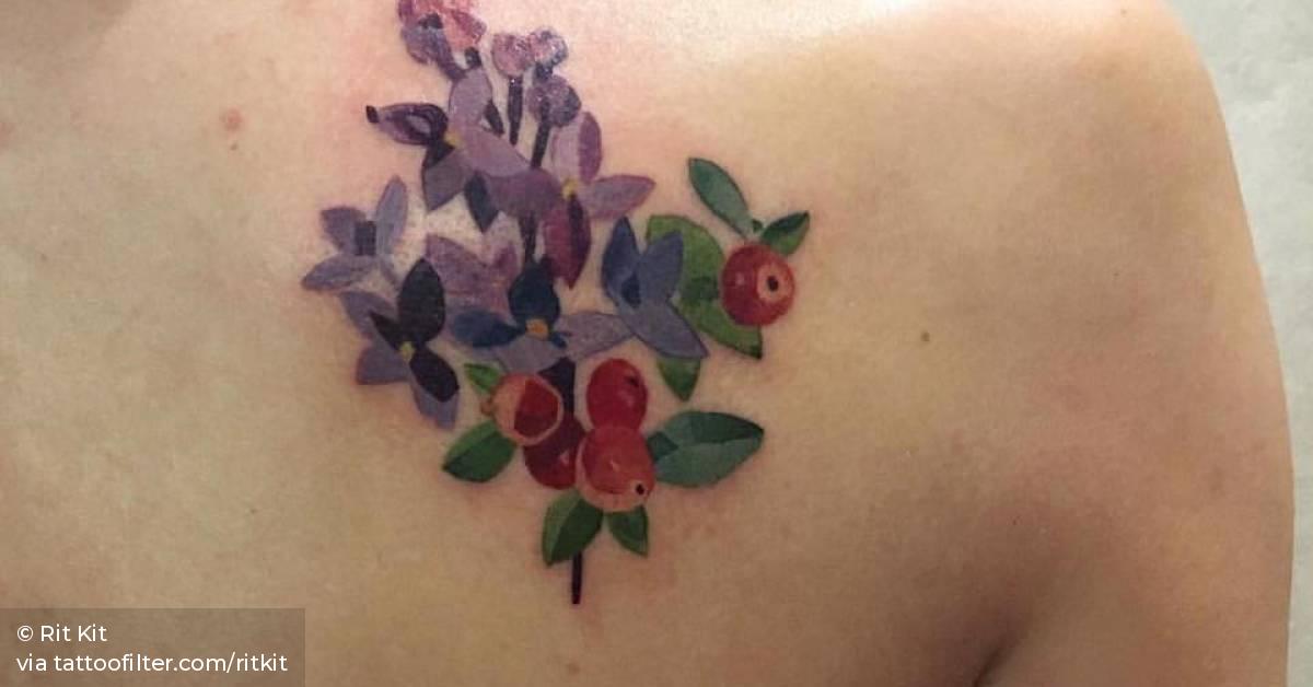 Illustrative lilac and cranberry tattoos on the right