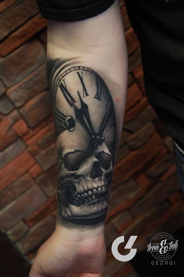 skull clock tattoo