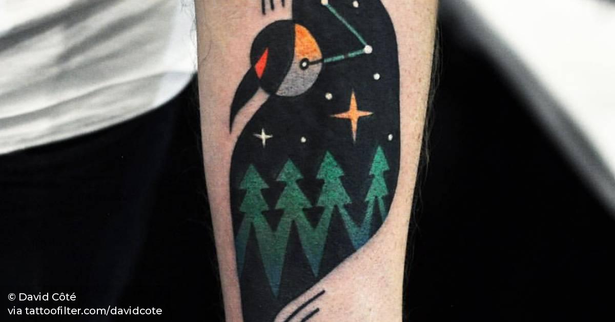 Abstract night forest tattoo on the left inner forearm.