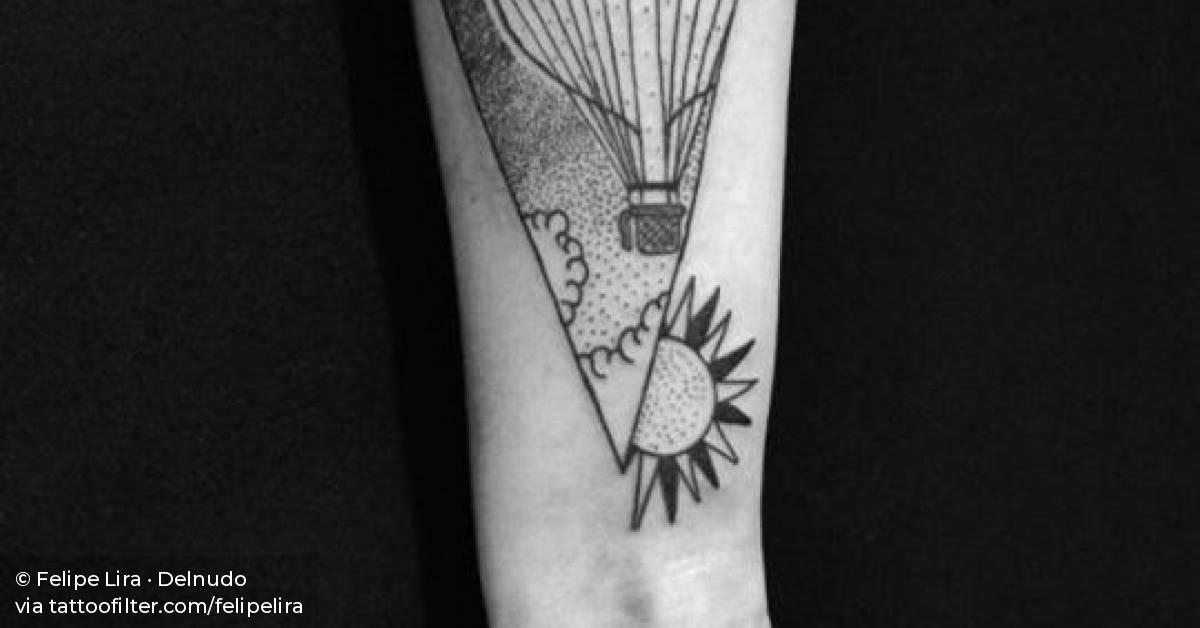 Blackwork illustrative air ballon tattoo on the right