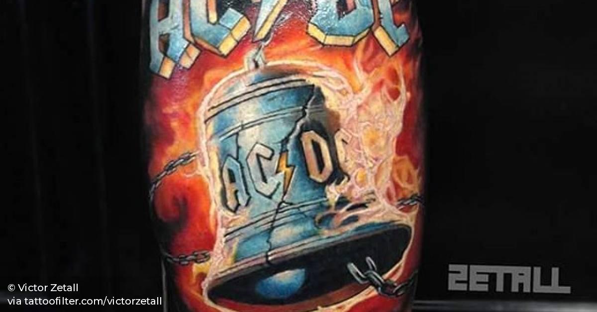 AC/DC's Hell Bells inspired tattoo on the right calf.