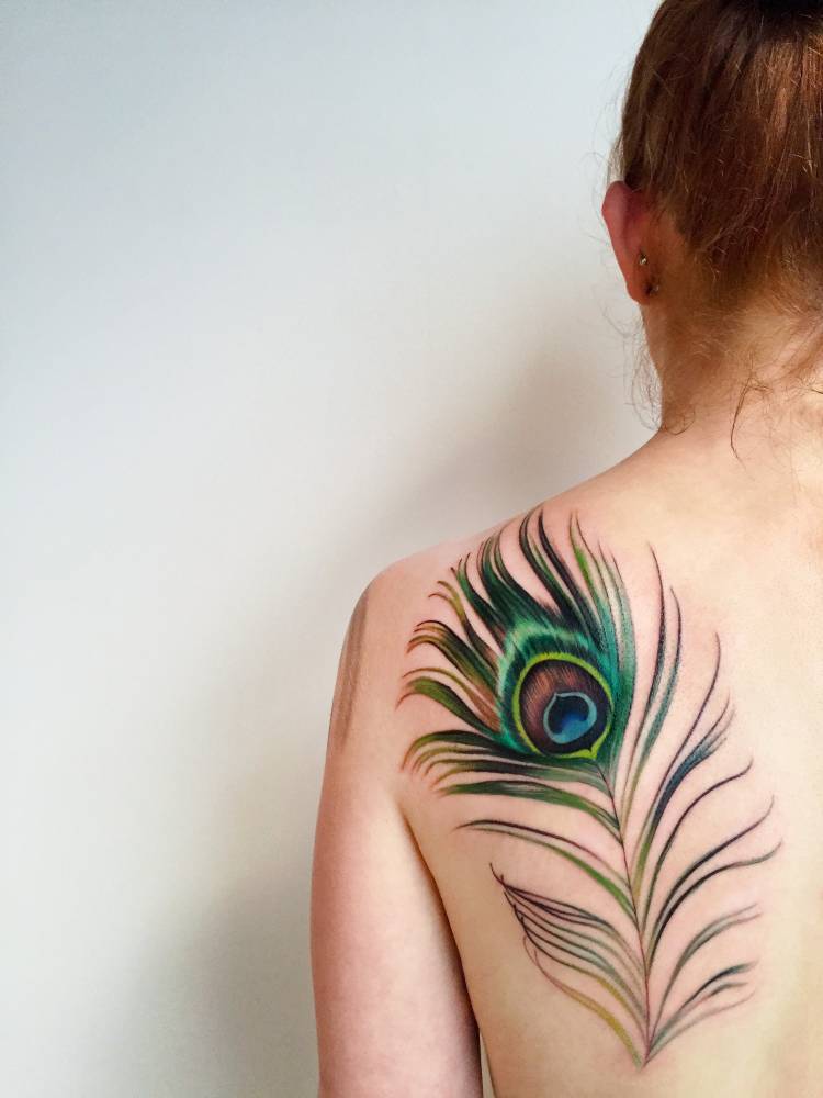 Peacock Feather Tattoo On The Left Shoulder Blade 