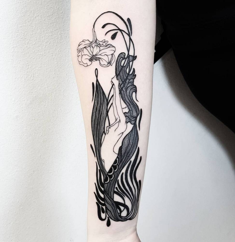 Blackwork Woman And Flower Tattoo On The Inner Forearm Blackwork Woman And Flower Tattoo On The Inner Forearm