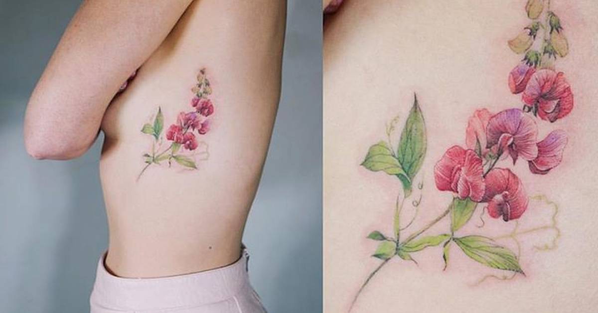 Runner bean tattoo on the left side ribcage.