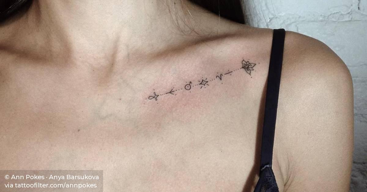 Hand poked symbols on the collarbone.