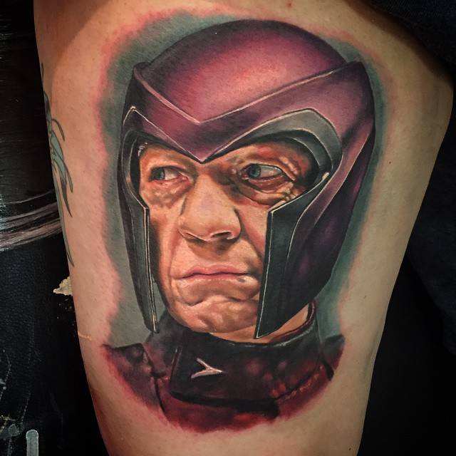 "Made an old Magneto on the Sunday at the NI Tattoo convention. It's on the back of a thigh so has a little distortion once again. And as usual.. This is the best photo I could get."