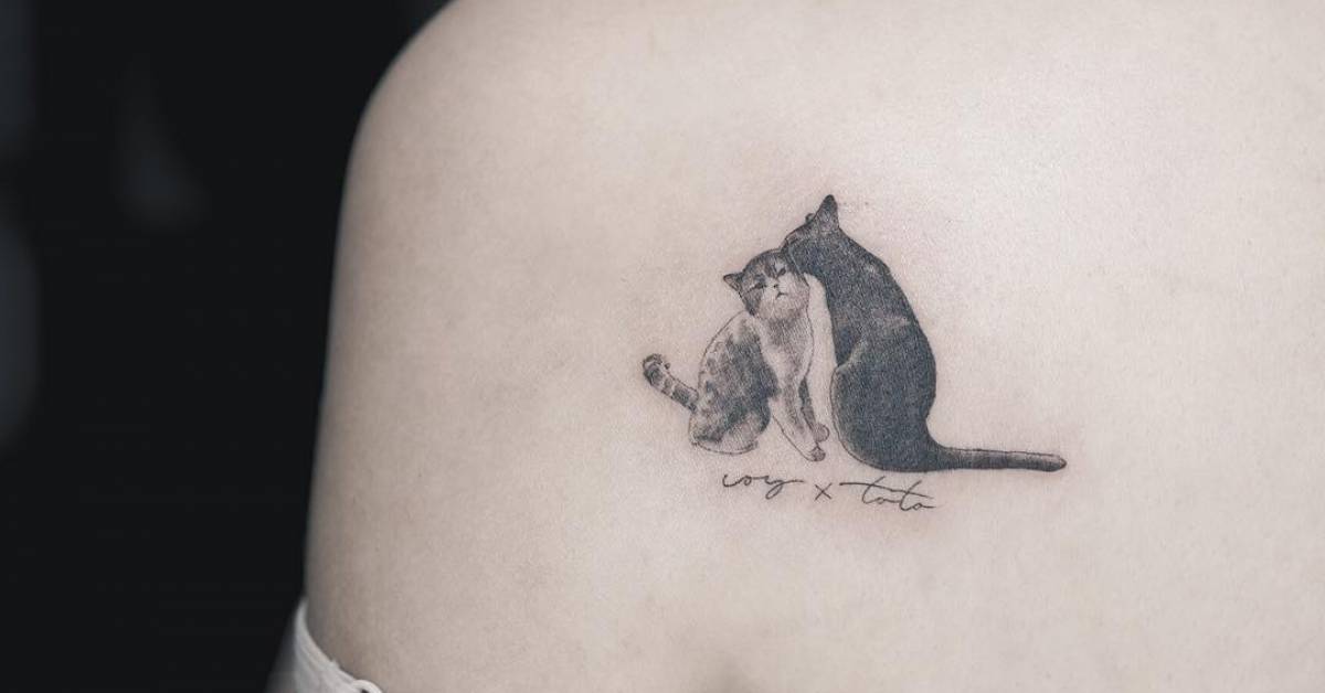 Small in love cats tattoo on the left shoulder blade.