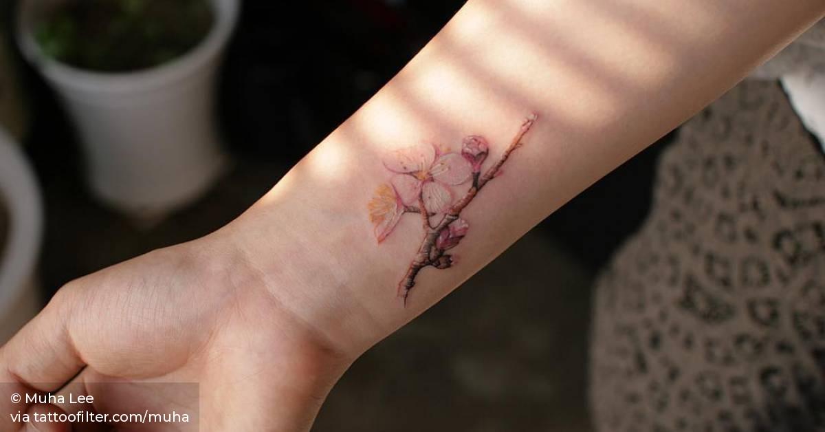 Apricot blossom tattoo on the wrist.
