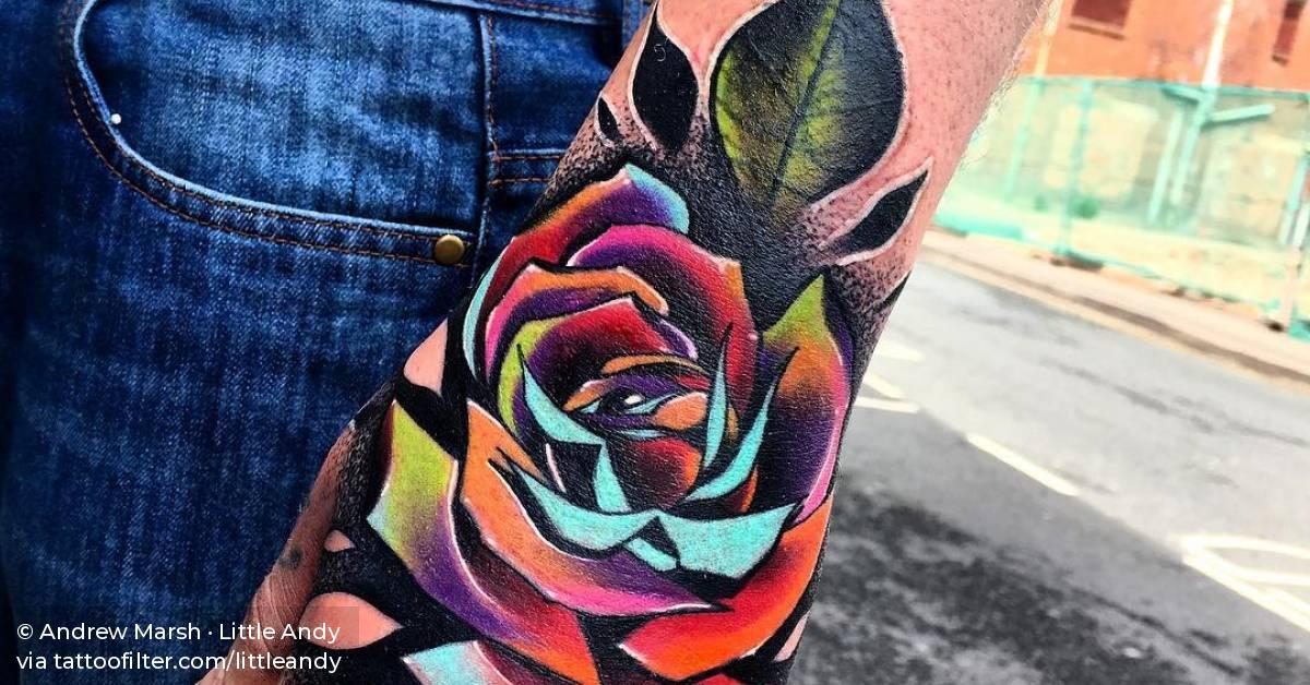 Pop art rose tattoo on the left hand. Swollen day after