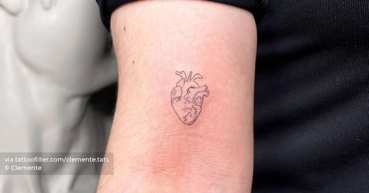 Single needle anatomical heart tattoo on the bicep