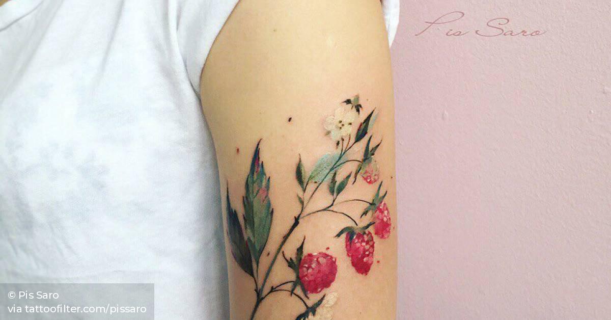 Simple Real Raspberry Tattoo Watercolor raspberry tattoo on the left upper arm.