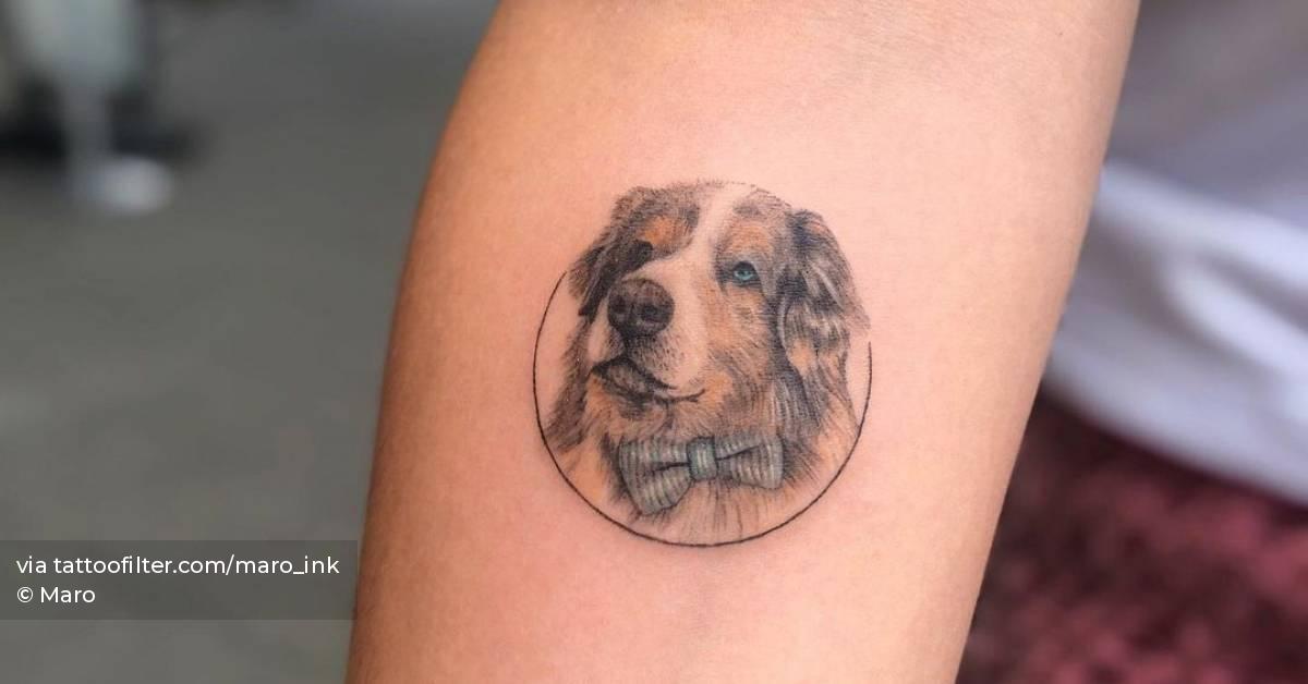 Micro-realistic dog portrait tattoo on the inner