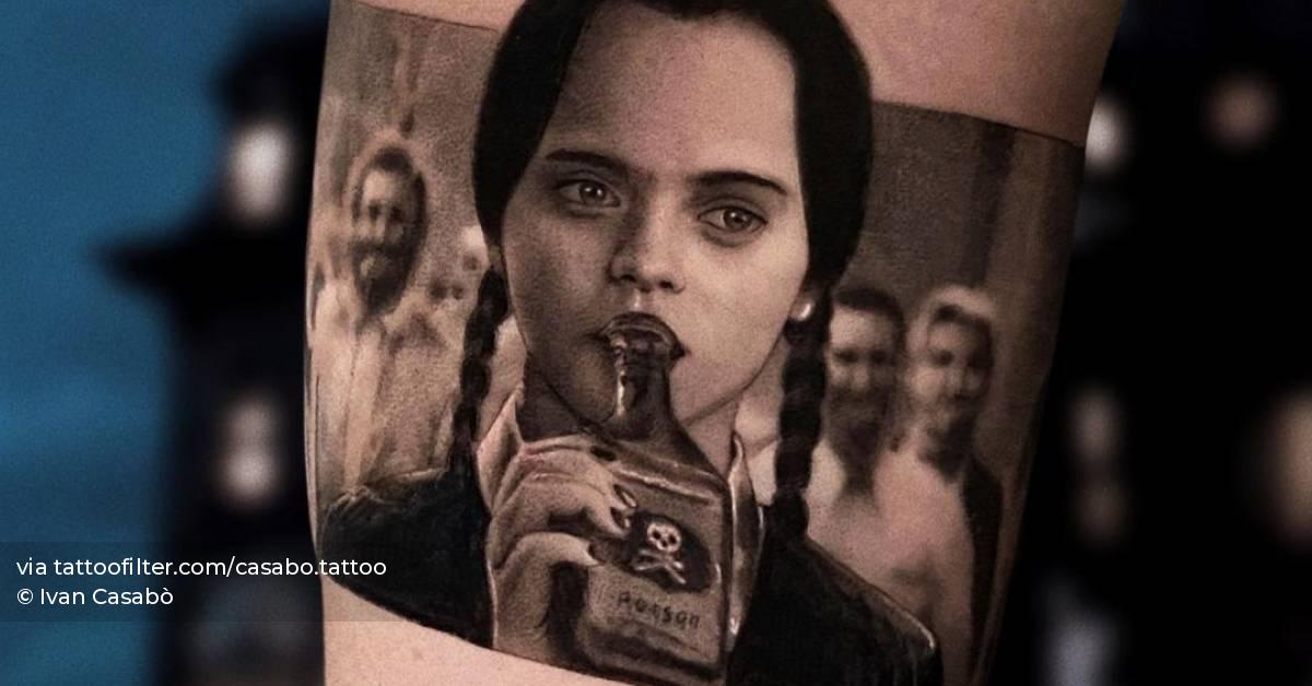 Micro-realistic Wednesday Addams tattoo on the inner