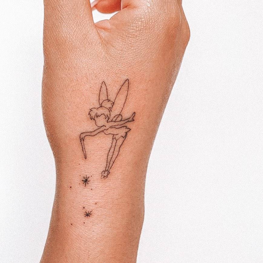 Fine Line Tinker Bell Tattoo On The Hand 