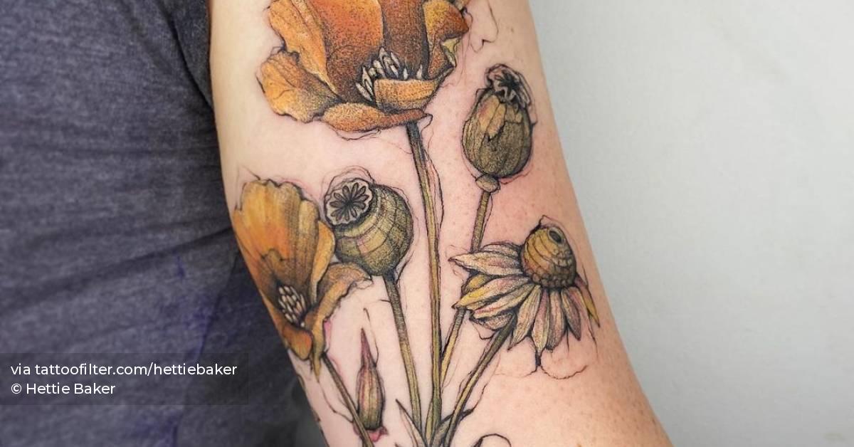 Sketch work California poppy tattoo on the inner arm.