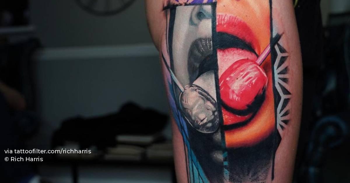 Graphic lollipop and mouth tattoo on the thigh.