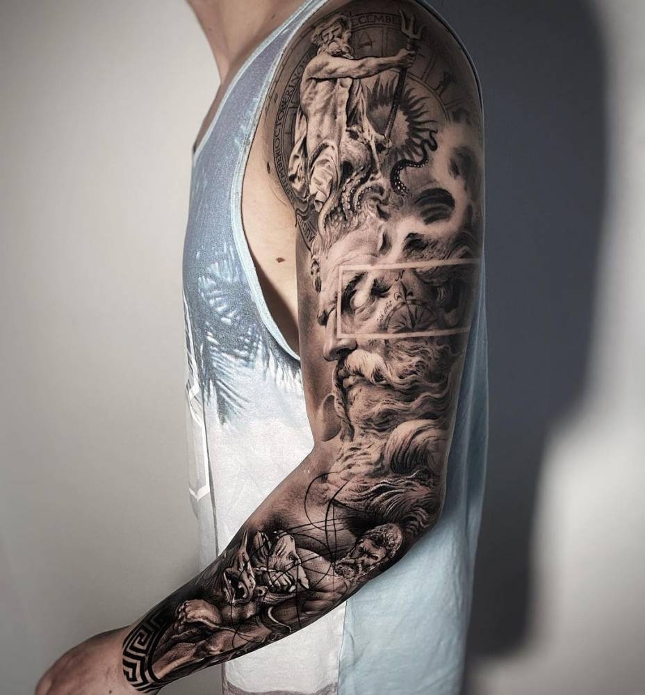 Black And Grey Greek Gods Sleeve Tattoo Black And Grey Greek Gods Sleeve Tattoo