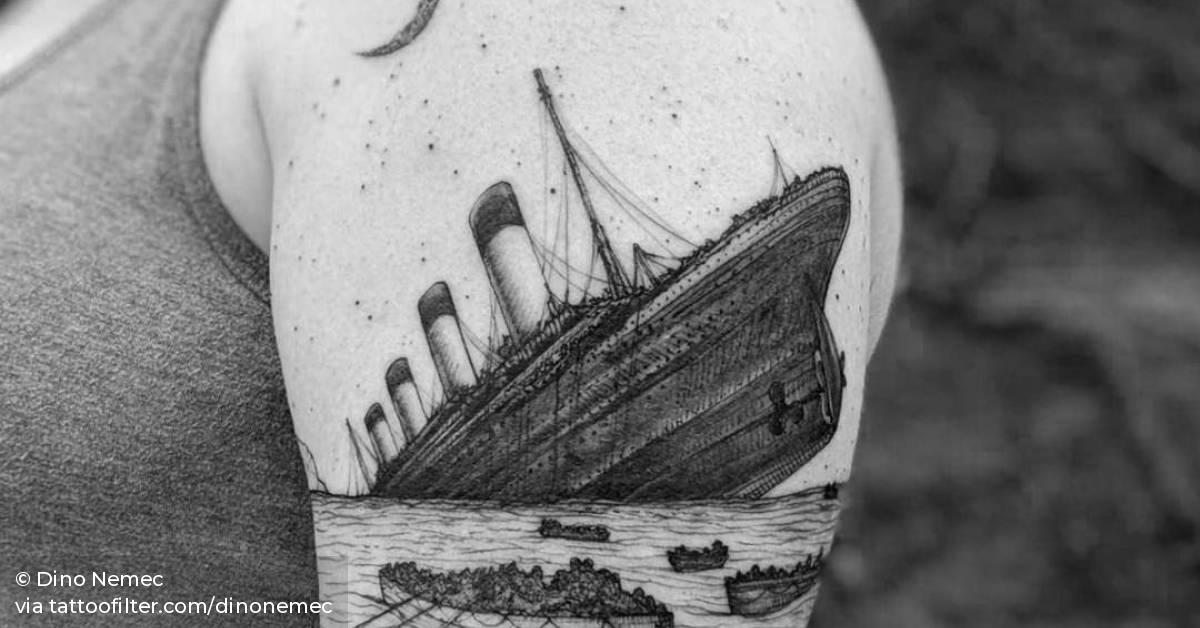 Titanic tattoo on the left upper arm.