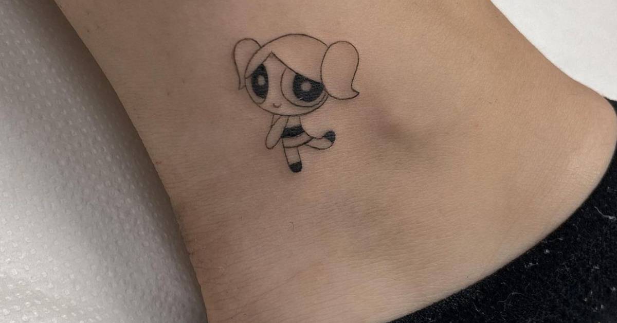 Bubbles from Powerpuff girls tattooed on the ankle.