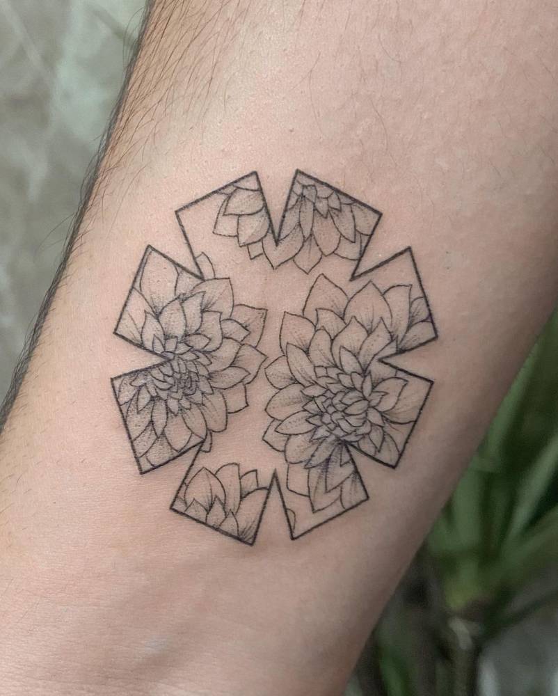 Fine Line Flowers And Asterisk Tattoo On The Inner