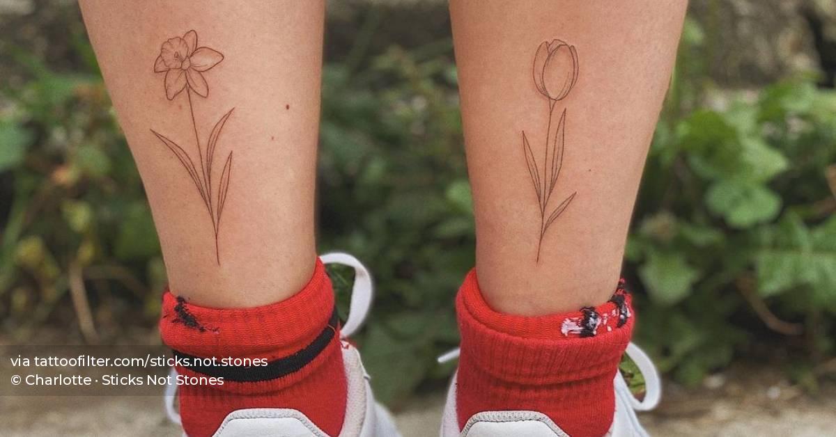 Individual Matching Daffodil And Tulip Tattoos 