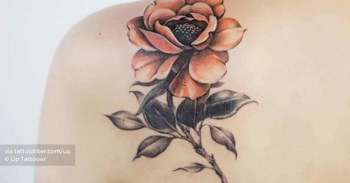 Peony flower tattoo on shoulder blade