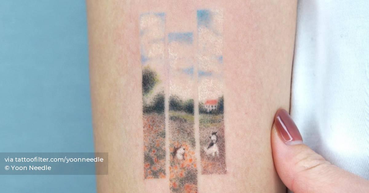 Hand poked landscape tattoo located on the inner arm.