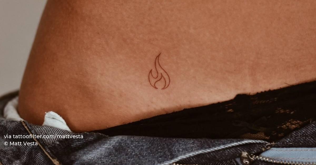 Minimalistic fire tattoo located on the hip, fine line