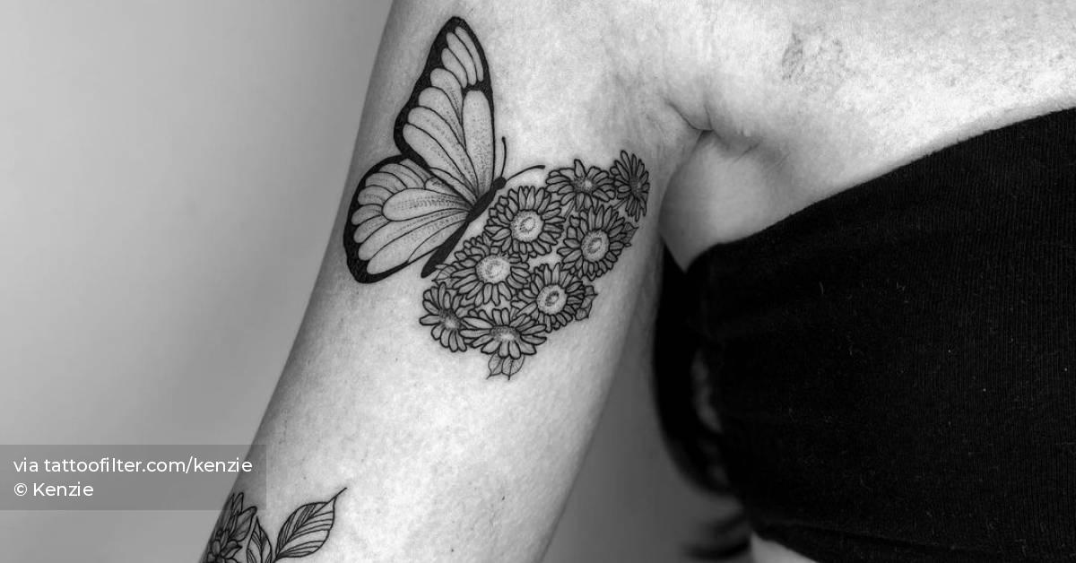 Half butterfly half flowers and chrysantemums tattoos