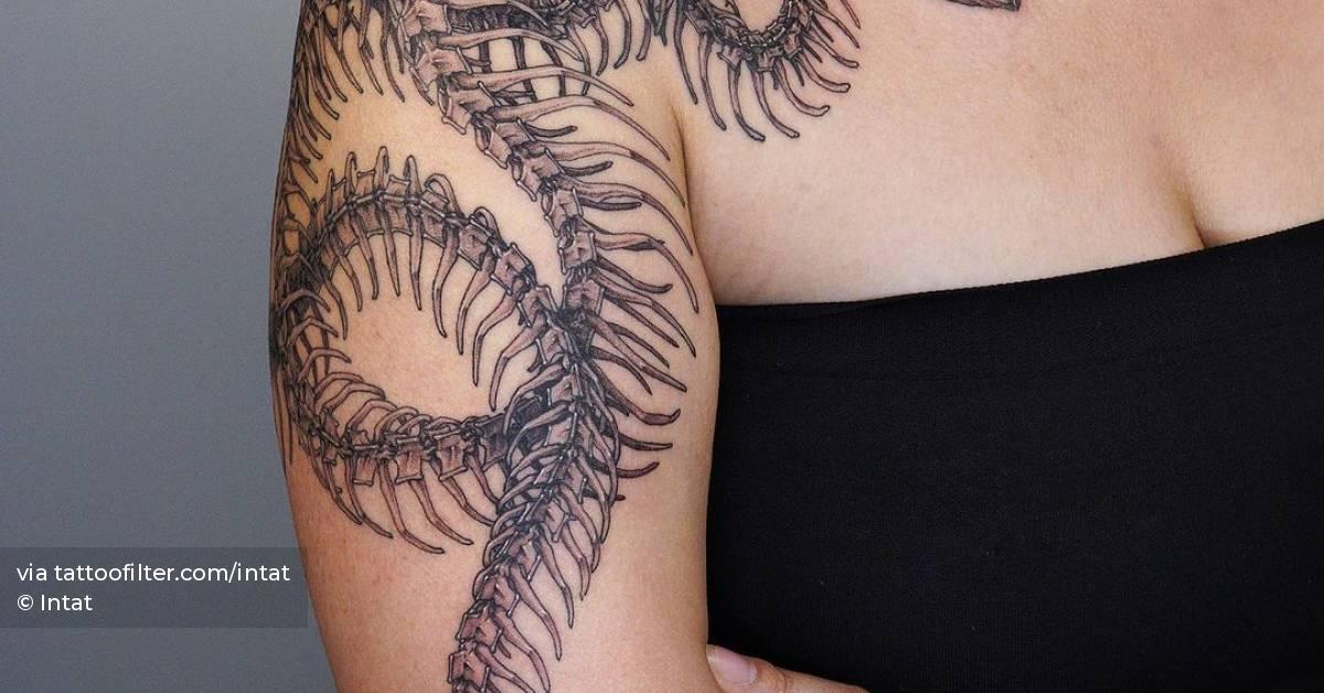 Large snake skeleton tattoo located on the upper arm