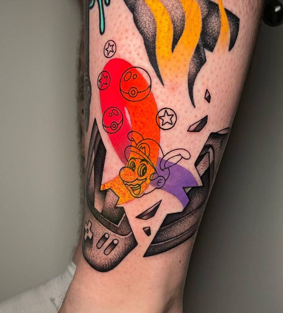 Game Boy Advance Tattoo Located On The Shin 