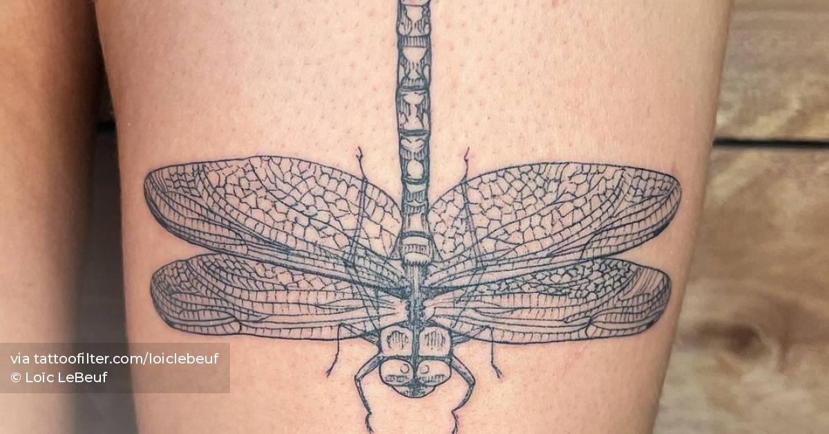 Large dragonfly tattoo placed on the thigh.