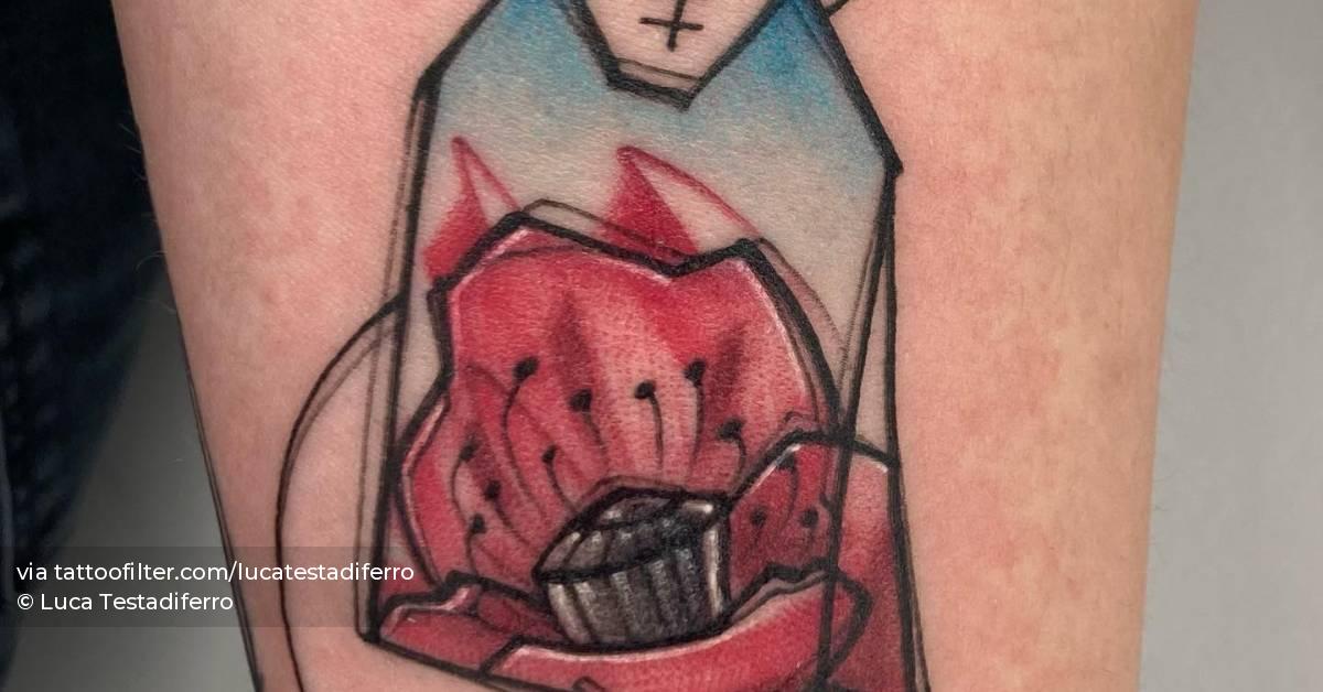 Tea bag tattoo located on the inner forearm.