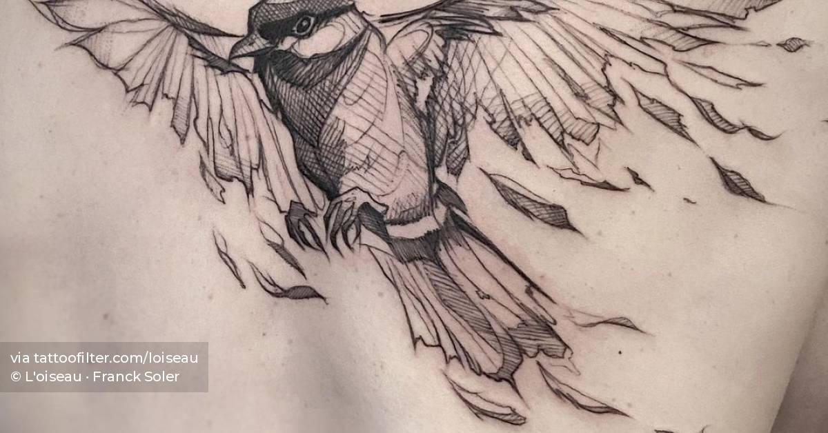 Sketch work style sparrow tattoo located on the upper