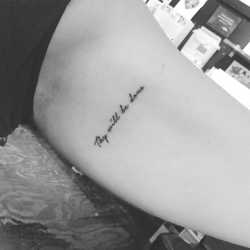  Thy Will Be Done Lettering Tattoo Done On The Inner