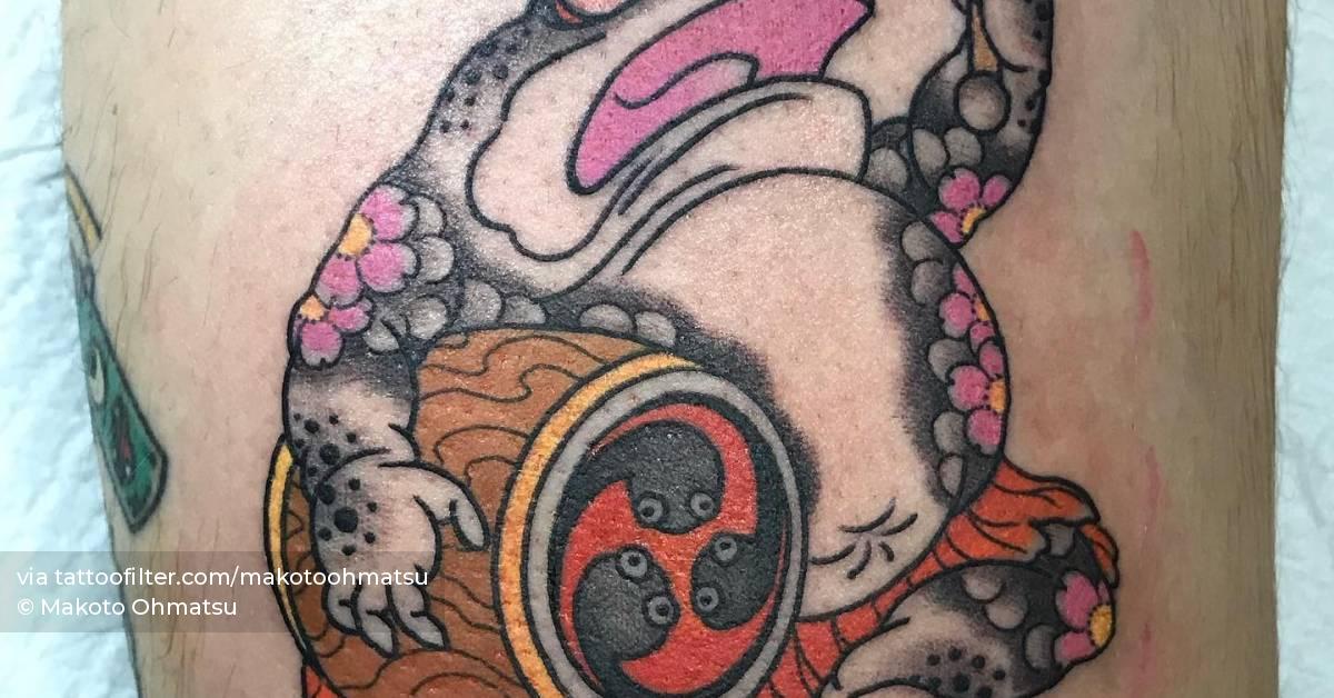 Neo Japanese toad tattoo done on the thigh.