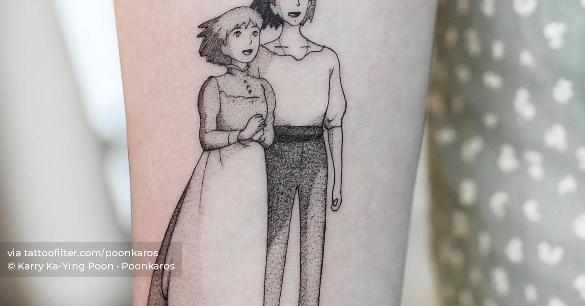Howl and Sophie tattoo located on the inner forearm.