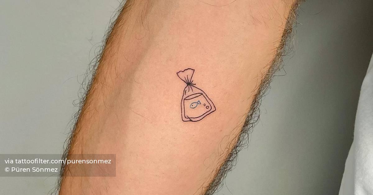 Fine line fish in a bag tattoo located on the inner
