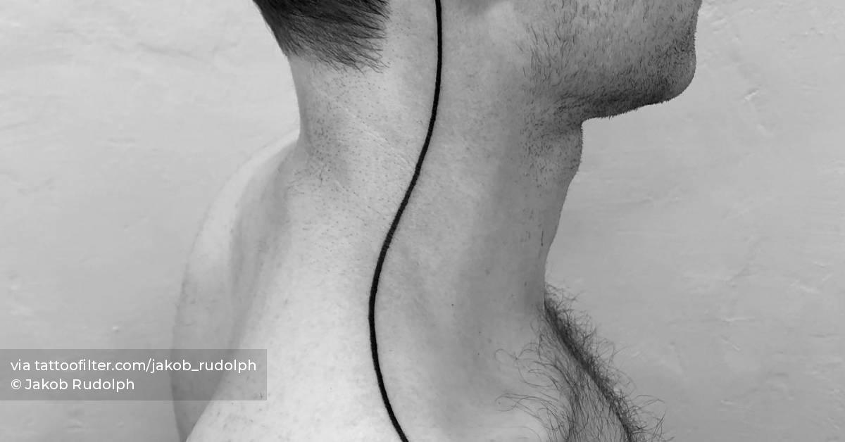 Minimalistic style line art tattoo located on the neck.