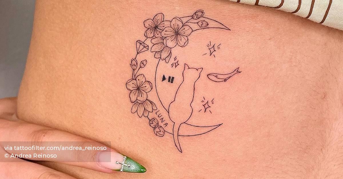 FIne line style flower moon and cat tattoo located on