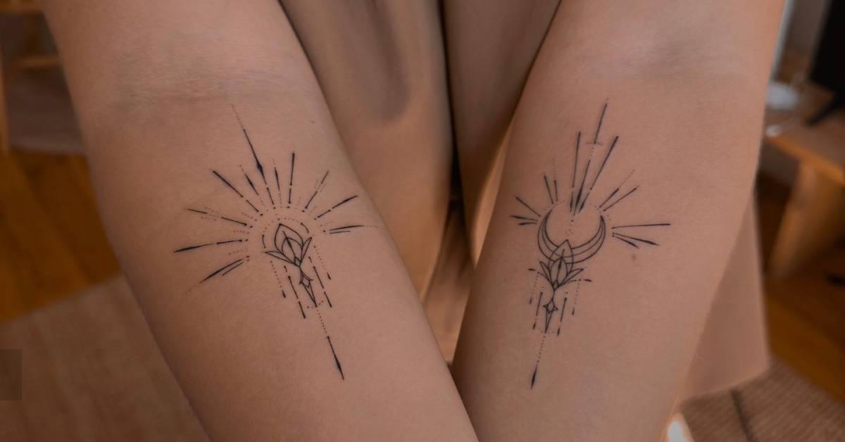 Individual matching ornament tattoos hand poked on the