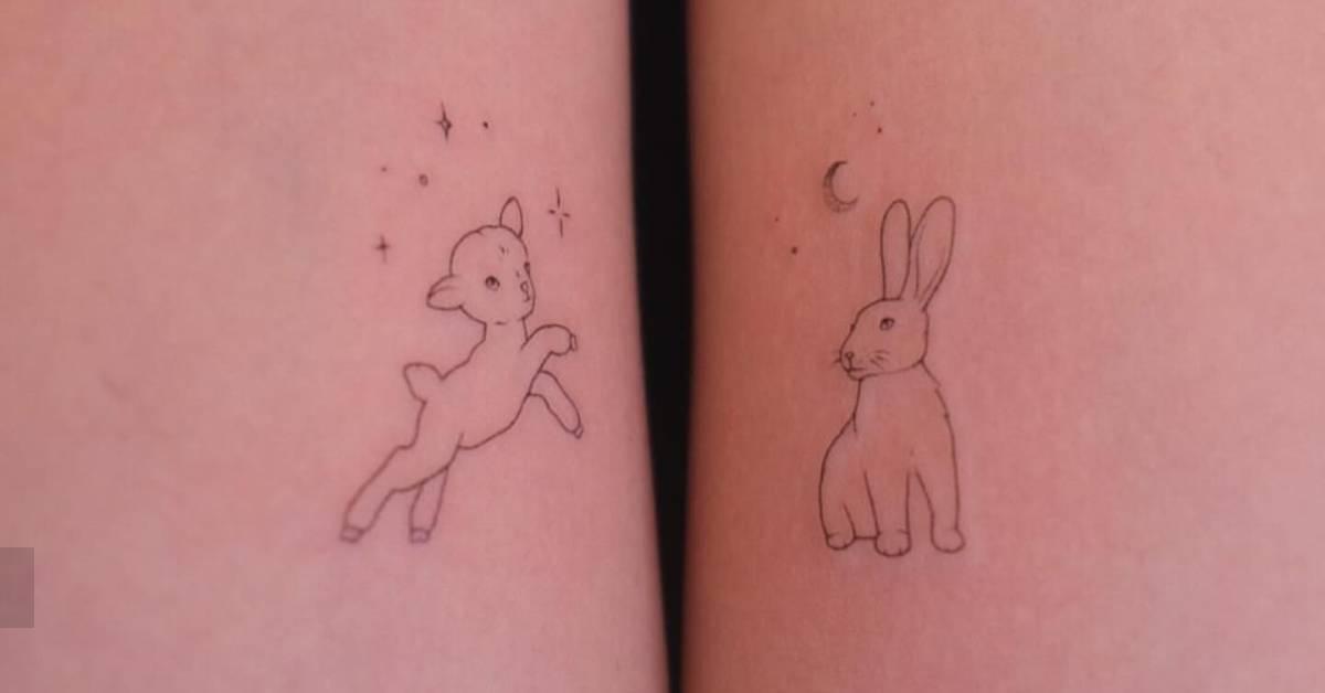 Fine line style lamb and rabbit tattoos located on the