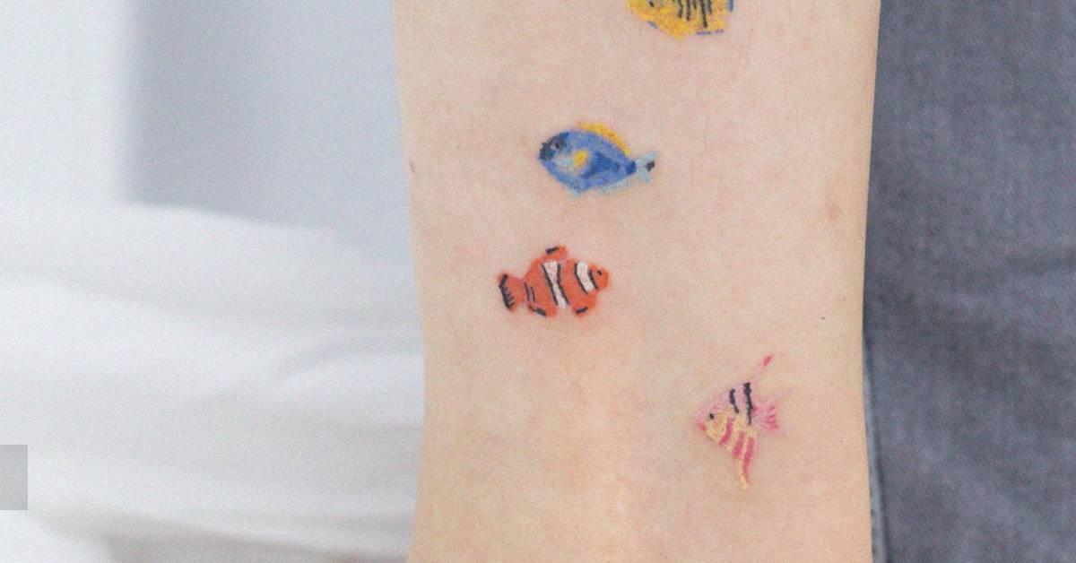 Little fish collection tattoo in watercolor style