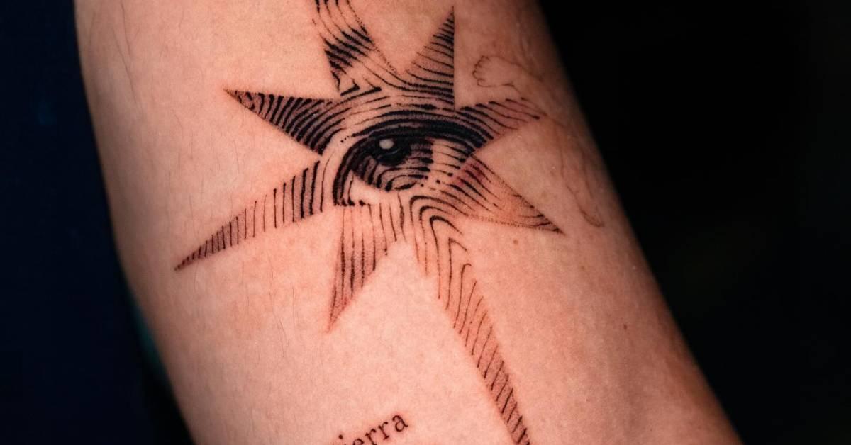 Star and eye tattoo in graphic style located on the