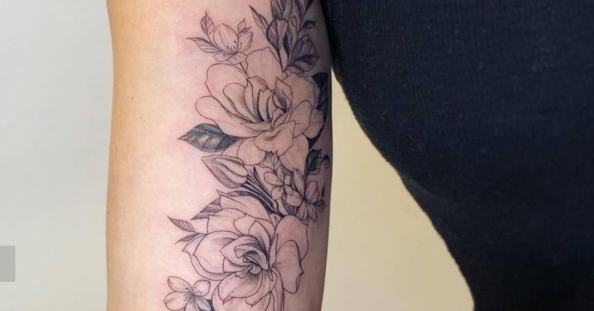 Fine line gardenias tattoo on the inner forearm.oo