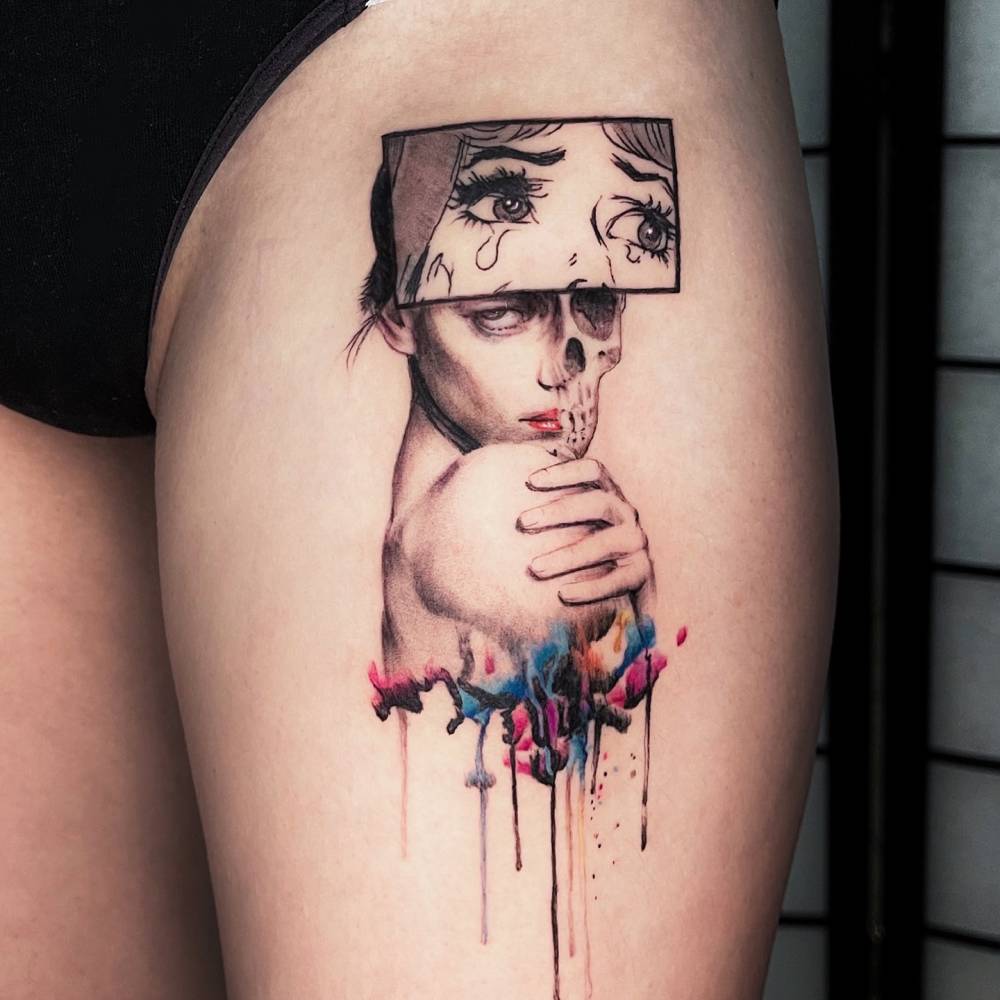 Graphic style woman portrait tattoo placed on the thigh.