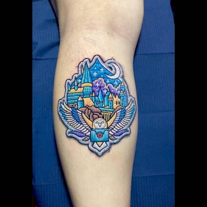 Harry Potter themed patch tattoo done on the calf.