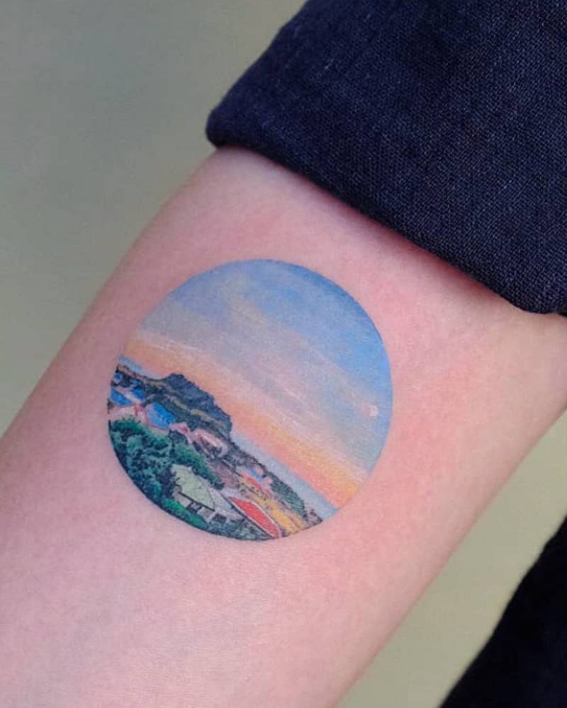 Jeju Island tattoo located on the inner forearm, illustrative style.