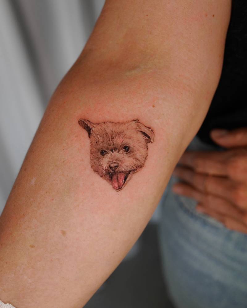 Yorkshire Terrier portrait tattoo located on the inner forearm.