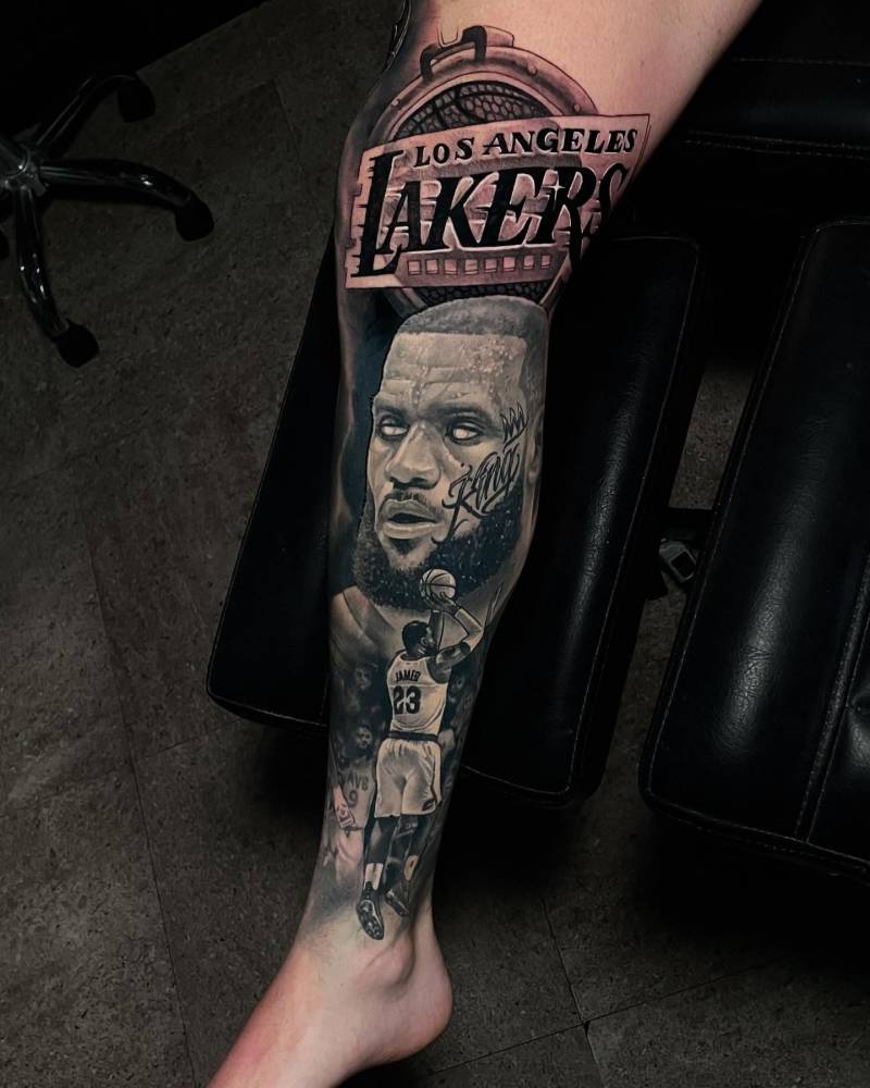 Fresh Lakers logo and healed Lebron James tattoo in black and grey style.